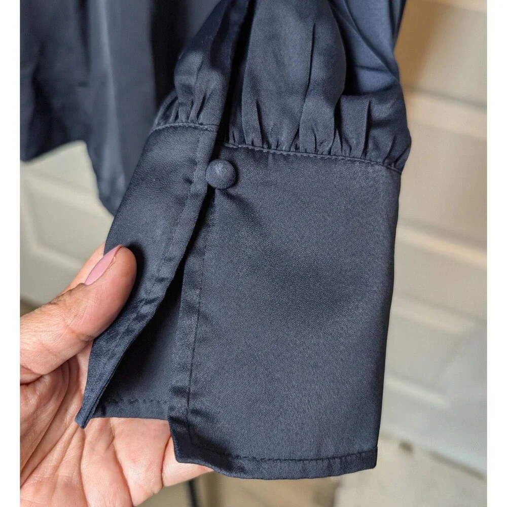 NWT Banana Republic Size XL Blouse Blue Satin Puff Volume Sleeve V-Neck Luxe $70